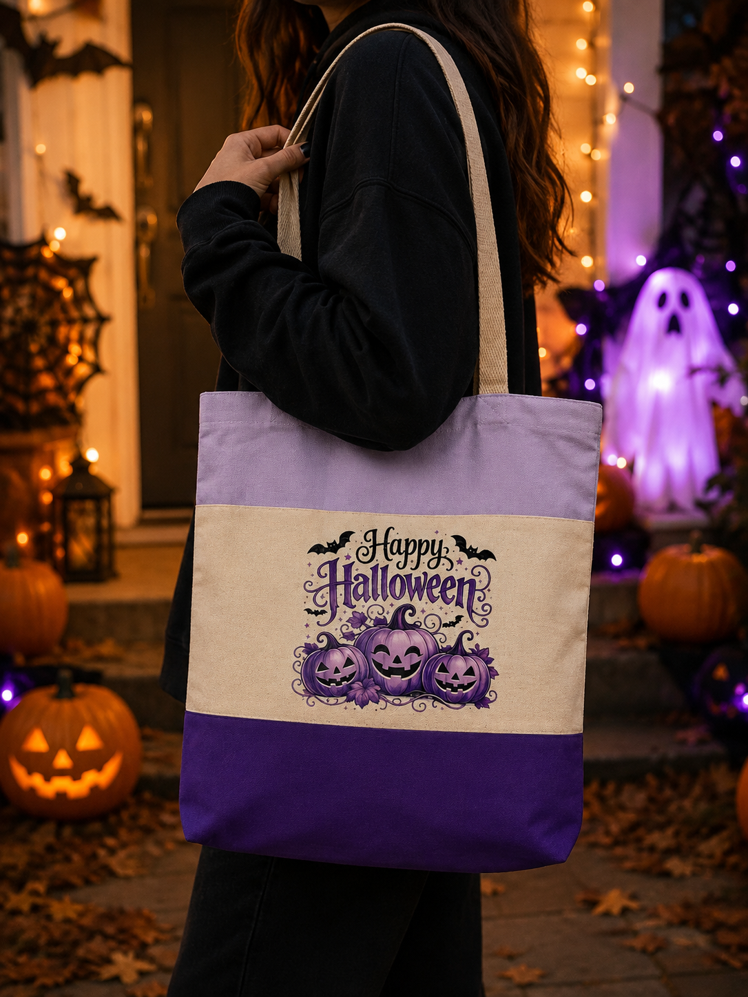 Tri-Color Color-Block Canvas Graphic Tote