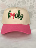 "Lucky" Pink Ribbon Bow Embroidered Trucker Hat – Cream / Pink