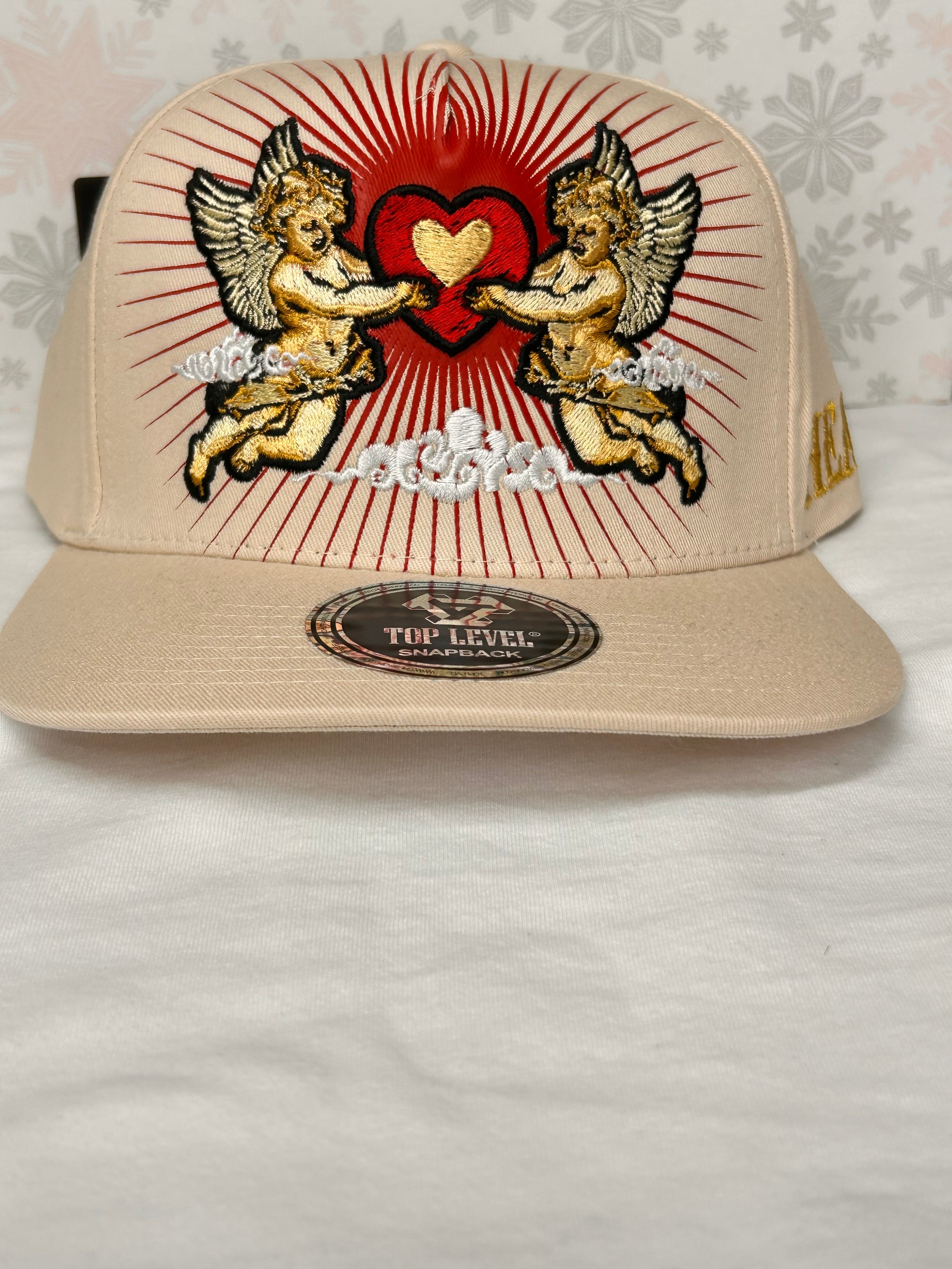 "Heaven" Cherub Angels Embroidered Flat-Brim Snapback Hat – Beige / Gold