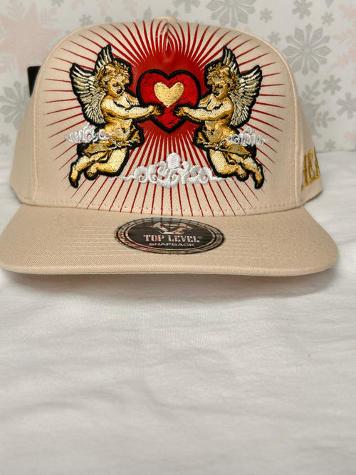 "Heaven" Cherub Angels Embroidered Flat-Brim Snapback Hat – Beige / Gold