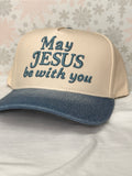"May Jesus Be With You" Embroidered Brim Trucker Hat – Cream / Blue