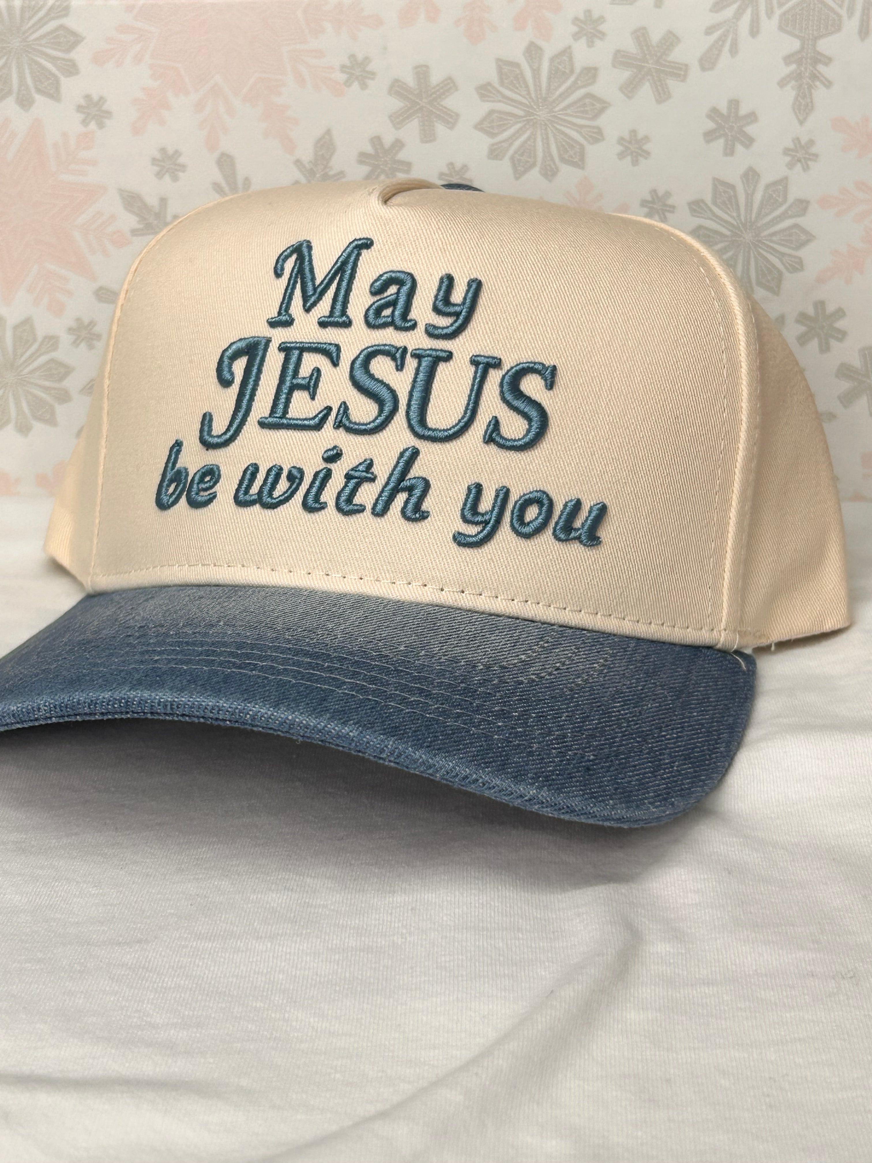 "May Jesus Be With You" Embroidered Brim Trucker Hat – Cream / Blue