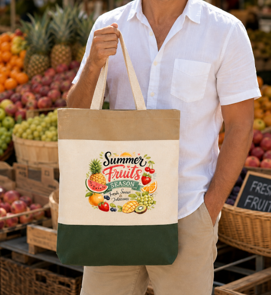 "Hello Summer" Floral Colorblock Canvas Tote Bag