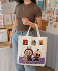 Kawaii Labubu Monsters Anime Canvas Tote Bag – Purple Checkered Accent